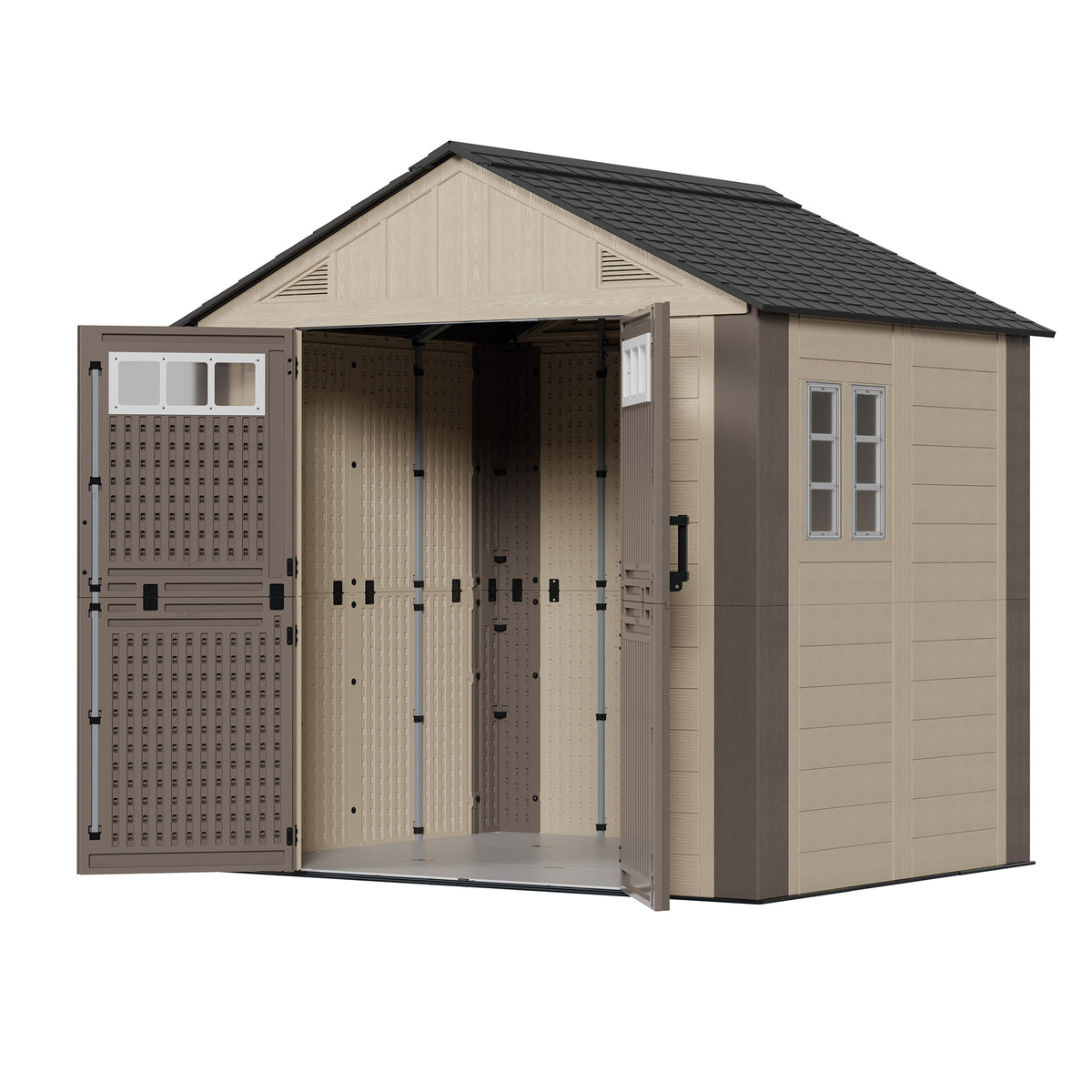 Amopatio 8x6 FT Outdoor Storage Shed with Floor, HDPE Resin Shed with Lockable Door, Window & Vents, for Bike, Garden Tools, Pool Supplies, khaki
