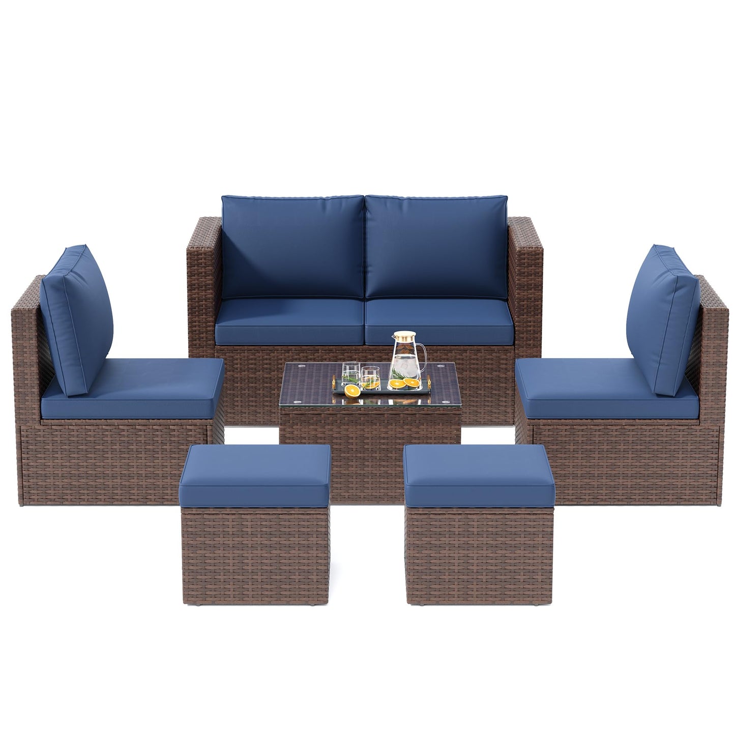 6 Pieces Patio Furniture Set, Space-Saving Nestable All-Weather Wicker Outdoor Conversation Sofa Set with Glass Coffee Table, Cushions & Ottomans for Deck Backyard Porch Lawn Blue
