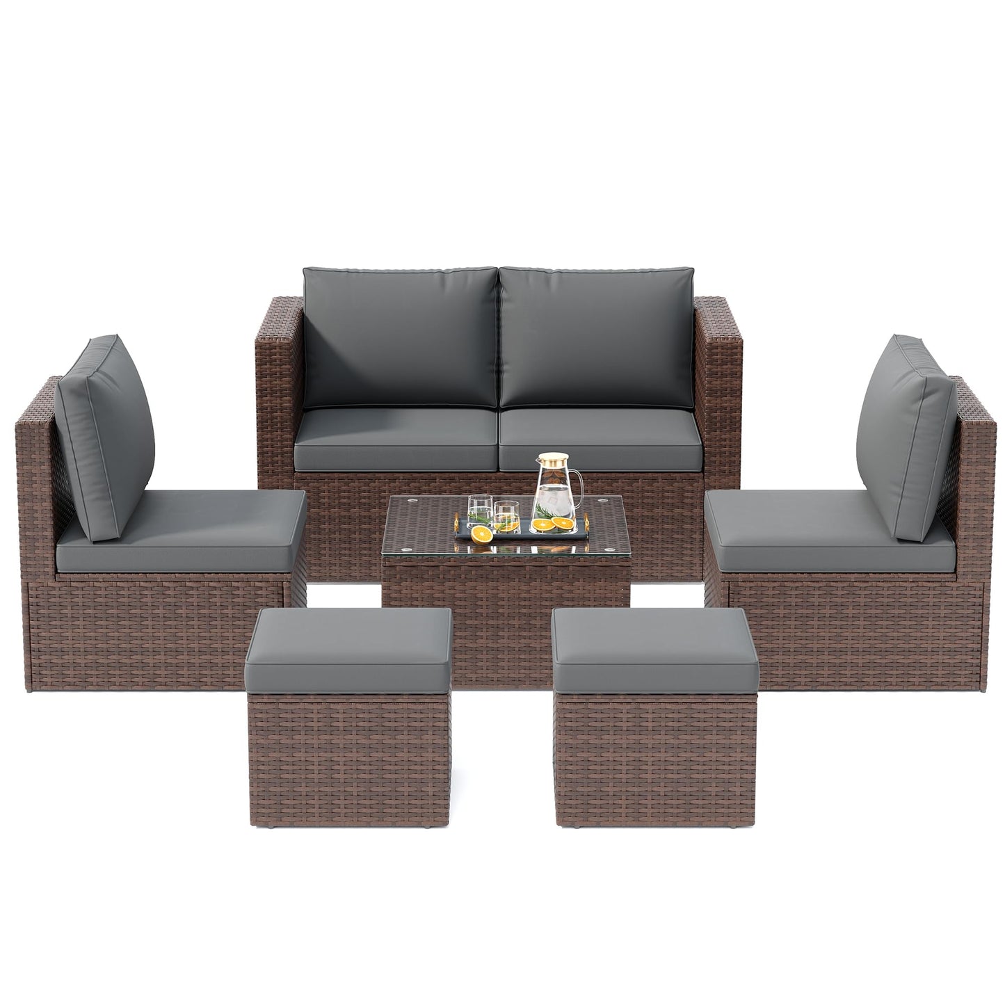 6 Pieces Patio Furniture Set,All-Weather Wicker Outdoor Conversation Sofa Set with Glass Coffee Table, Cushions & Ottomans for Deck Backyard Porch Lawn Brown/Dark Grey