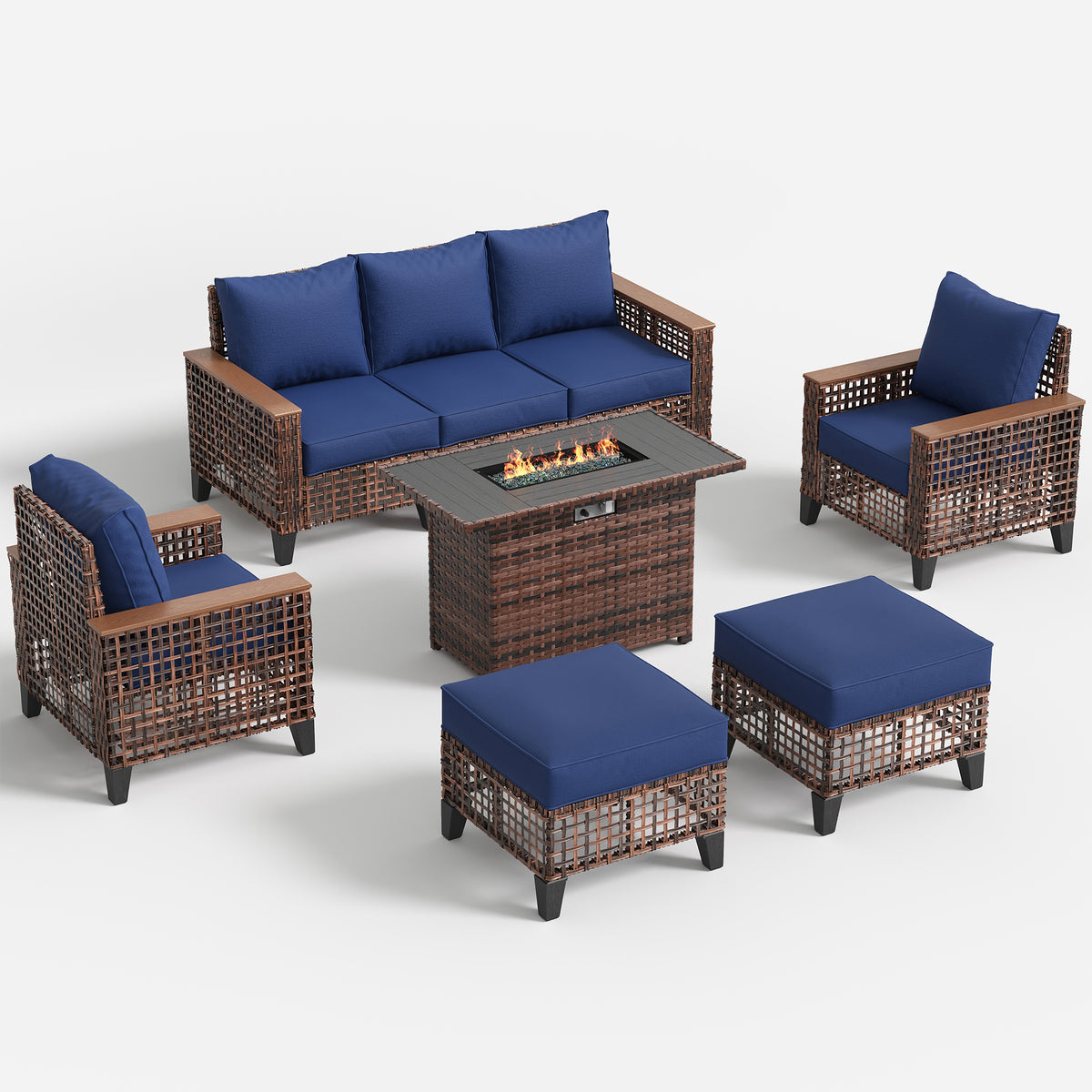 Amopatio Patio Furniture Set with Fire Pit Table, Wicker Conversation Set, Blue