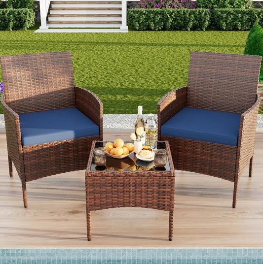 ELPOSUN 3 Piece Patio Conversation Set Bistro Set Patio Furniture Set, Porch Balcony Furniture Set,Wicker Chairs and Coffee Table Set for Patio Balcony Backyard Apartment,Blue