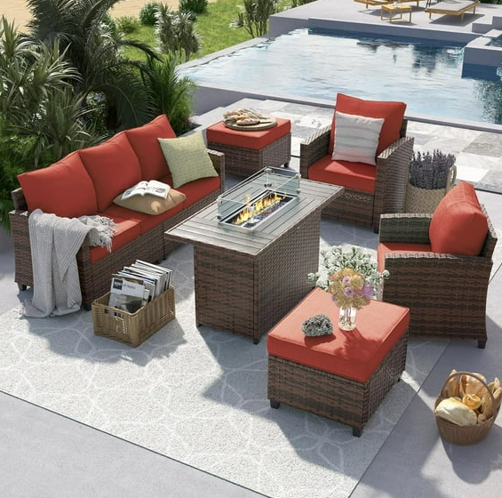 ELPOSUN Patio Furniture Set, 7 Pieces Outdoor Patio Sectional Sofa Set, All-Weather Wicker Rattan Outdoor Conversation Set with Fire Pit Table & Swivel Chairs for Poolside, Backyard, Red