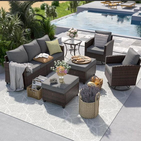 ELPOSUN Patio Furniture Set, 6 Pieces Outdoor Patio Sectional Sofa Set, All-Weather Wicker Rattan Outdoor Conversation Set with Swivel Chairs for Poolside, Backyard, Brown Wicker Grey Cushions