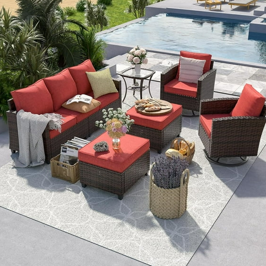ELPOSUN Patio Furniture Set, 6 Pieces Outdoor Patio Sectional Sofa Set, All-Weather Wicker Rattan Outdoor Conversation Set with Swivel Chairs for Poolside, Backyard, Brown Wicker Red Cushions