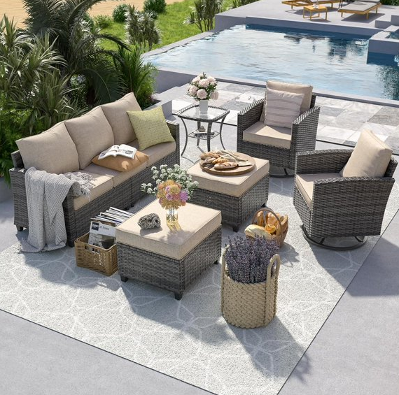 ELPOSUN Patio Furniture Set, 6 Pieces Outdoor Patio Sectional Sofa Set, All-Weather Wicker Rattan Outdoor Conversation Set with Swivel Chairs for Poolside, Backyard, Gray Wicker Khaki Cushions