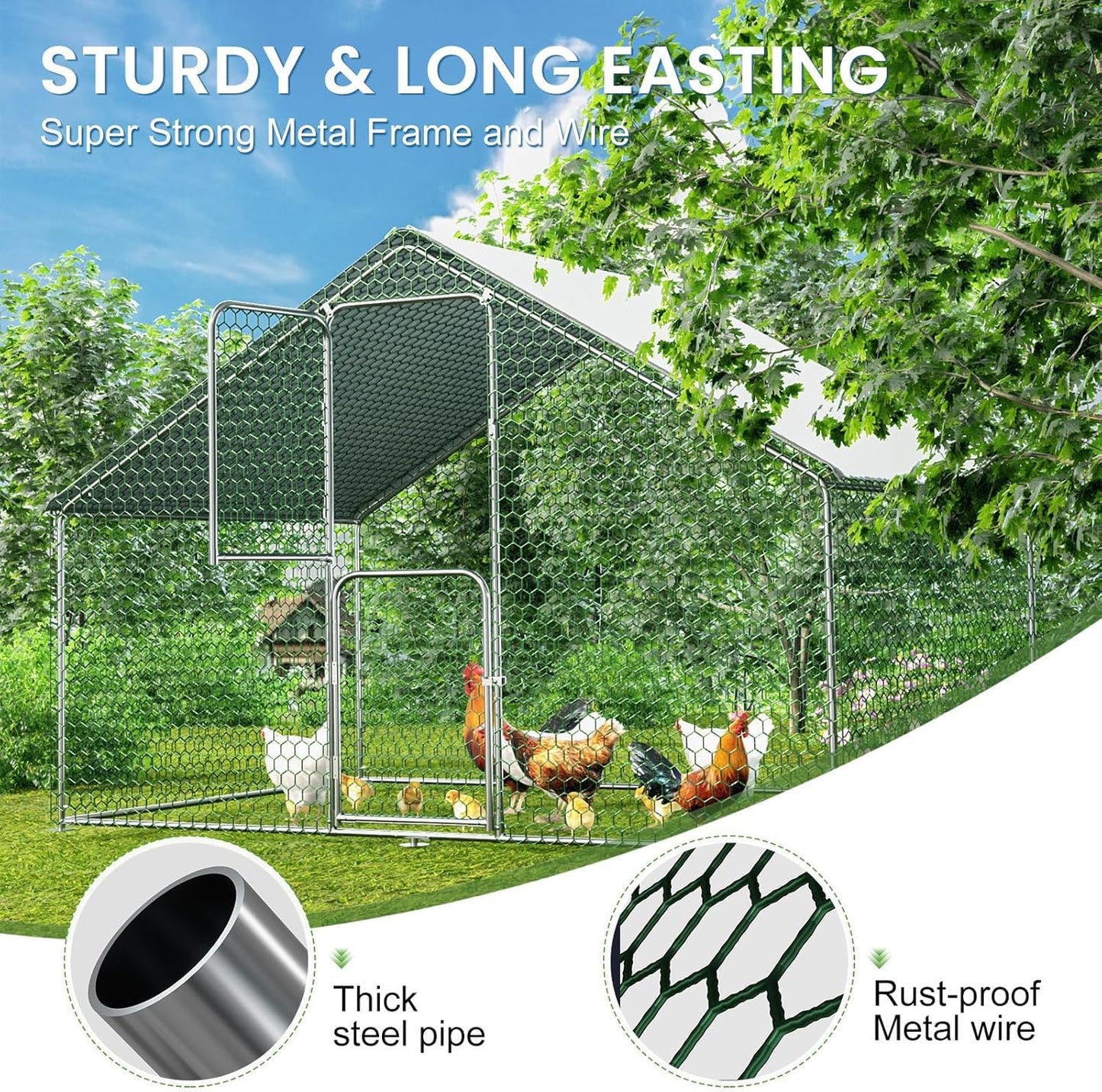 Large Chicken Coop Heavy Duty Walk-in Chicken Run Poultry Cage with Wire Mesh & Weatherproof PE Cover, Chicken Hen for Rabbits Duck(6.5x10x6.5 FT)