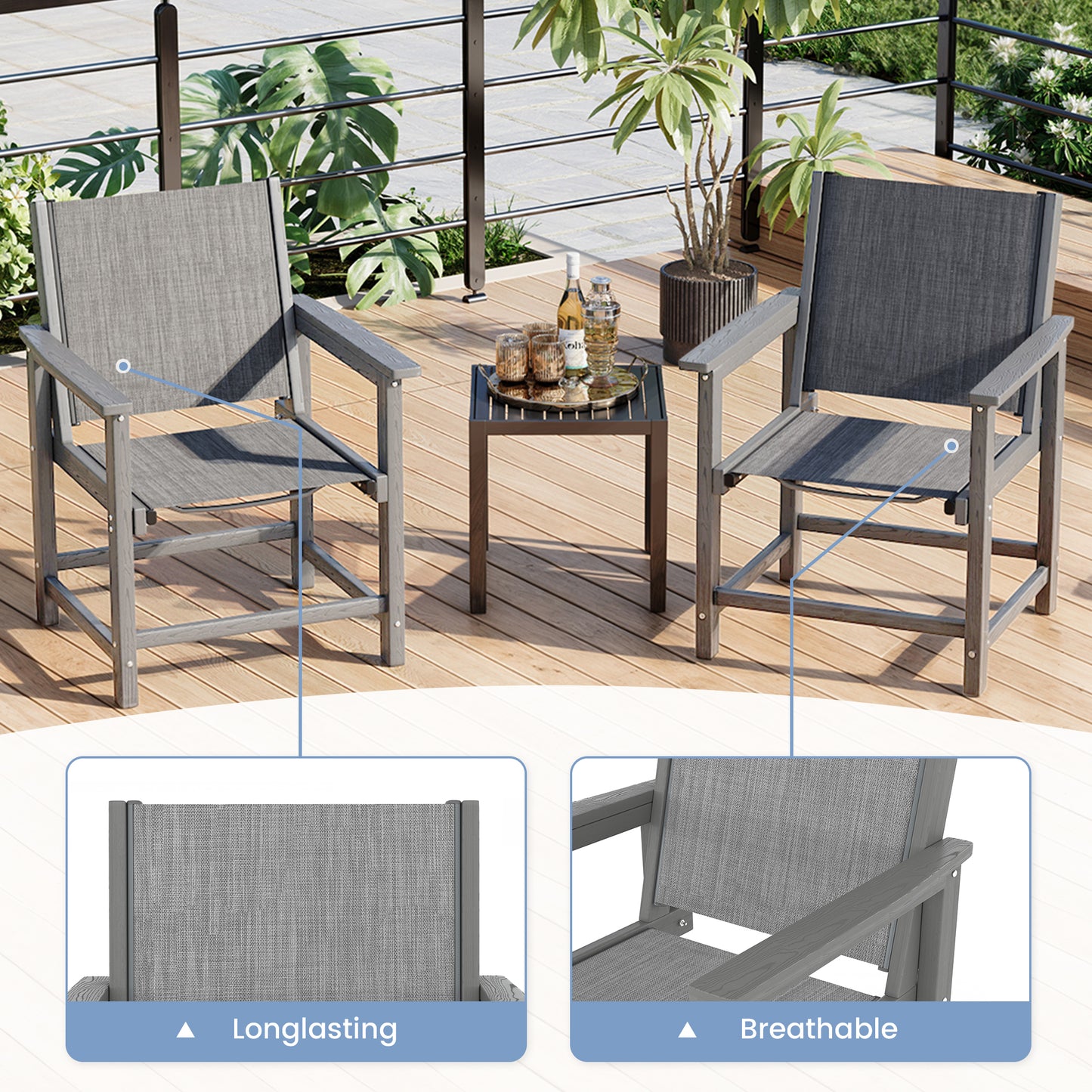 7 Piece HDPE Patio Dining Set, All-Weather Outdoor Table and Chair Sets with Umbrella Hole Outdoor Dining Table Sets of 6 Textilene Fabric Patio Chairs for Backyard, Poolside, Garden, Deck(Gray)