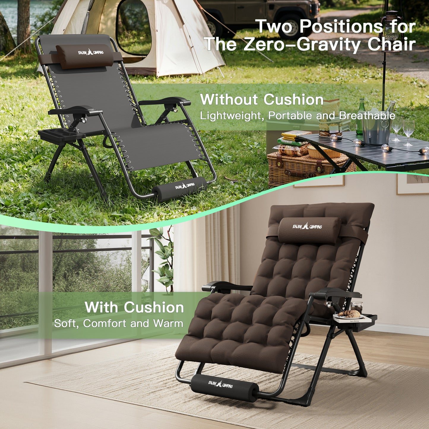 Amopatio Oversized Zero Gravity Chair Set of 2, 33''W Reclining Camping Lounge Chair Upgraded Lock and Footrest, Cup Holder, Removable Cushion & Headrest Folding Patio Recliner