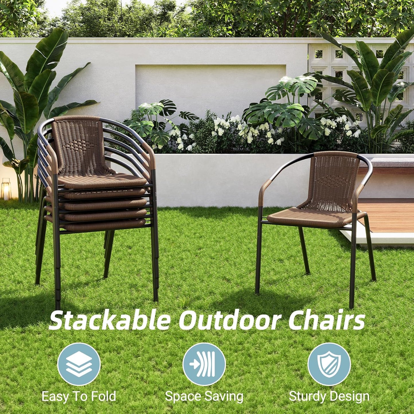 Amopatio Outdoor Dining Chairs Set of 6, Rattan Wicker Patio Chairs, Stackable Indoor-Outdoor Chairs, Bistro, Deck, Yard, Porch, 6 Pack, Brown