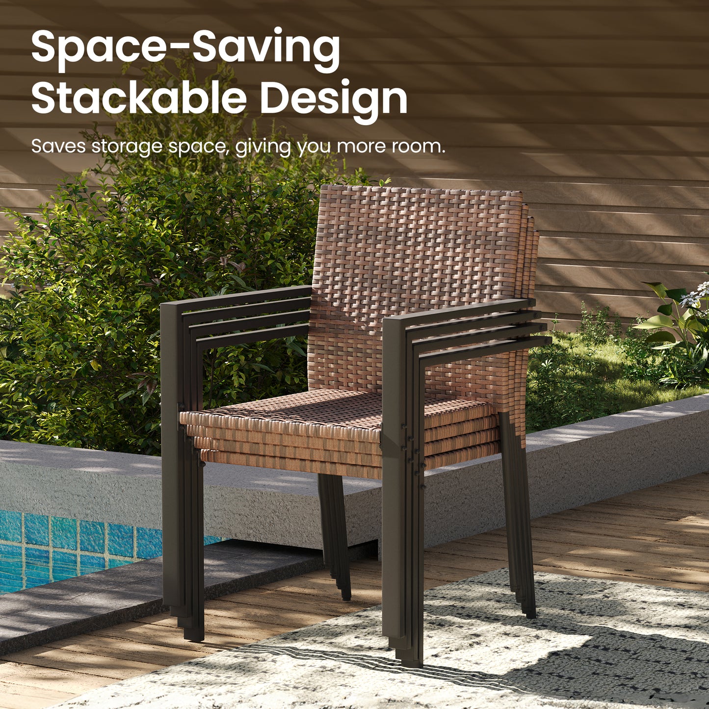 Amopatio Stackable Wicker Chairs, Patio Dining Chairs Set of 6, All-Weather Breathable Outdoor Dining Chair, Steel Frame, Armchair w/Armrests, for Garden, Porch, Deck, Poolside, Fire Pit, Brown