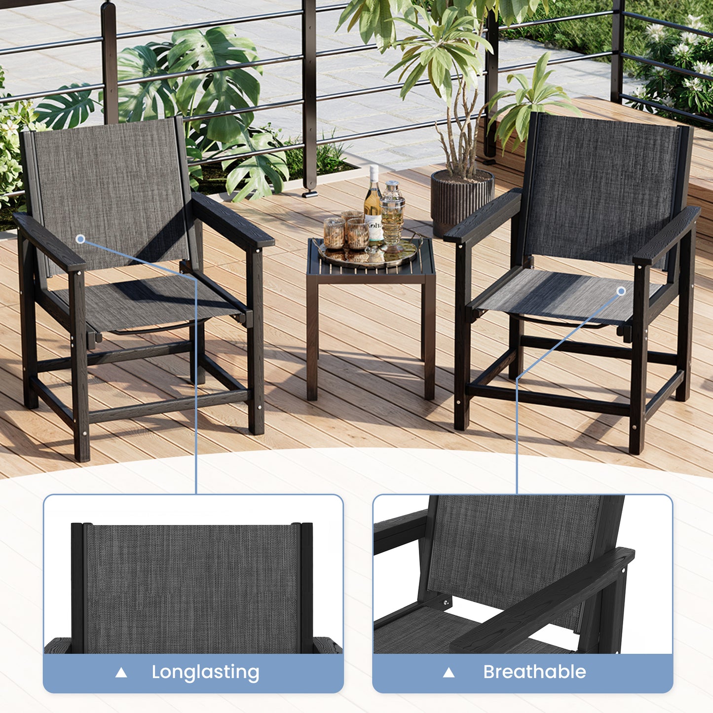 HDPE Patio Dining Chair Set of 2 with Armrests - Textilene Outdoor Chair with Wide Seat for Poolside, All Weather UV Resistant Heavy Duty Patio Chair for Backyard Balcony & Deck(Black)