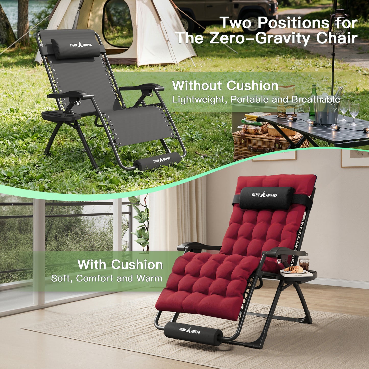 Amopatio Oversized Zero Gravity Chair Set of 2, 29''W Reclining Camping Lounge Chair Upgraded Lock and Footrest, Cup Holder, Removable Cushion & Headrest Folding Patio Recliner