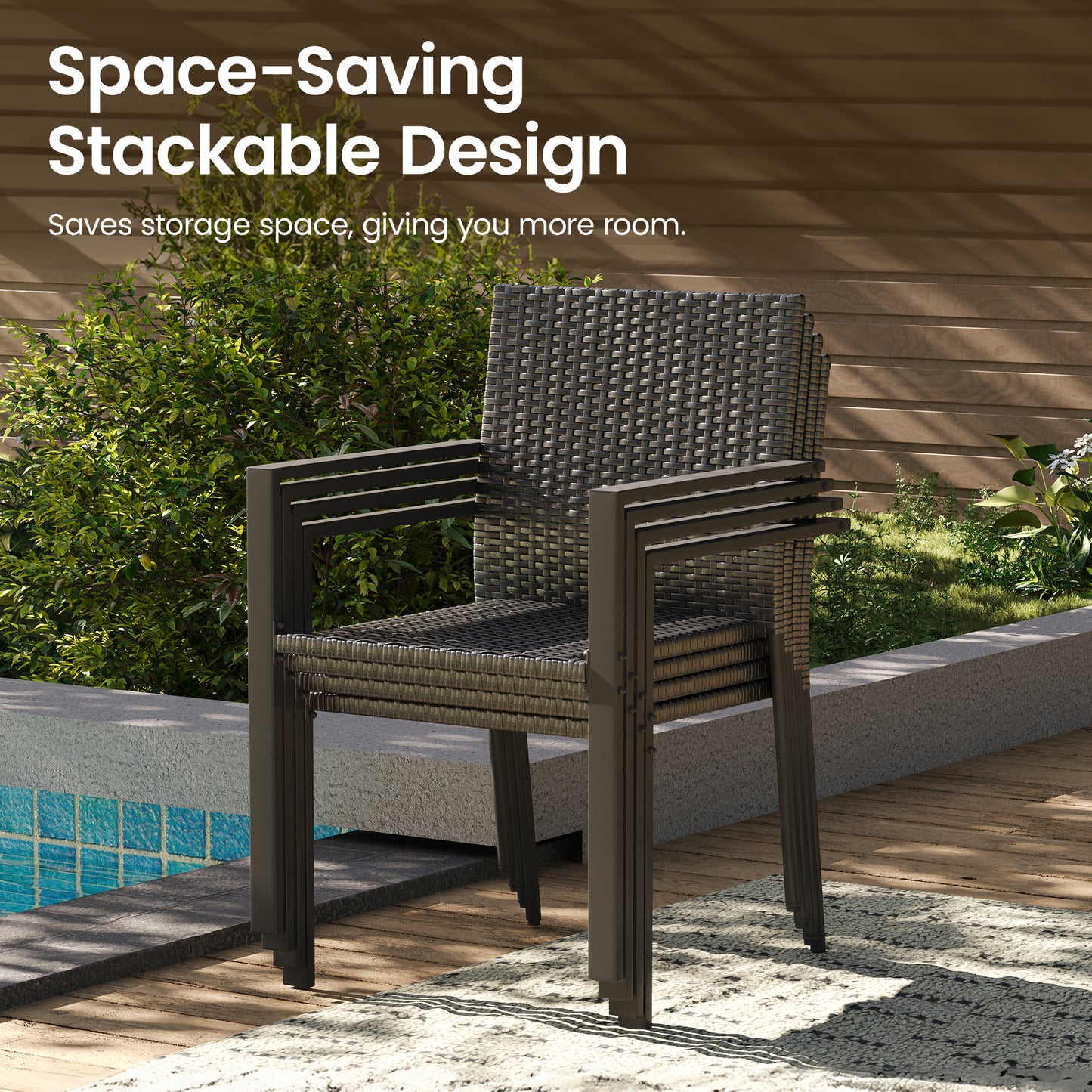 Amopatio Stackable Wicker Chairs, Patio Dining Chairs Set of 6, All-Weather Breathable Outdoor Dining Chair, Steel Frame, Armchair w/Armrests, for Garden, Porch, Deck, Poolside, Fire Pit, Black