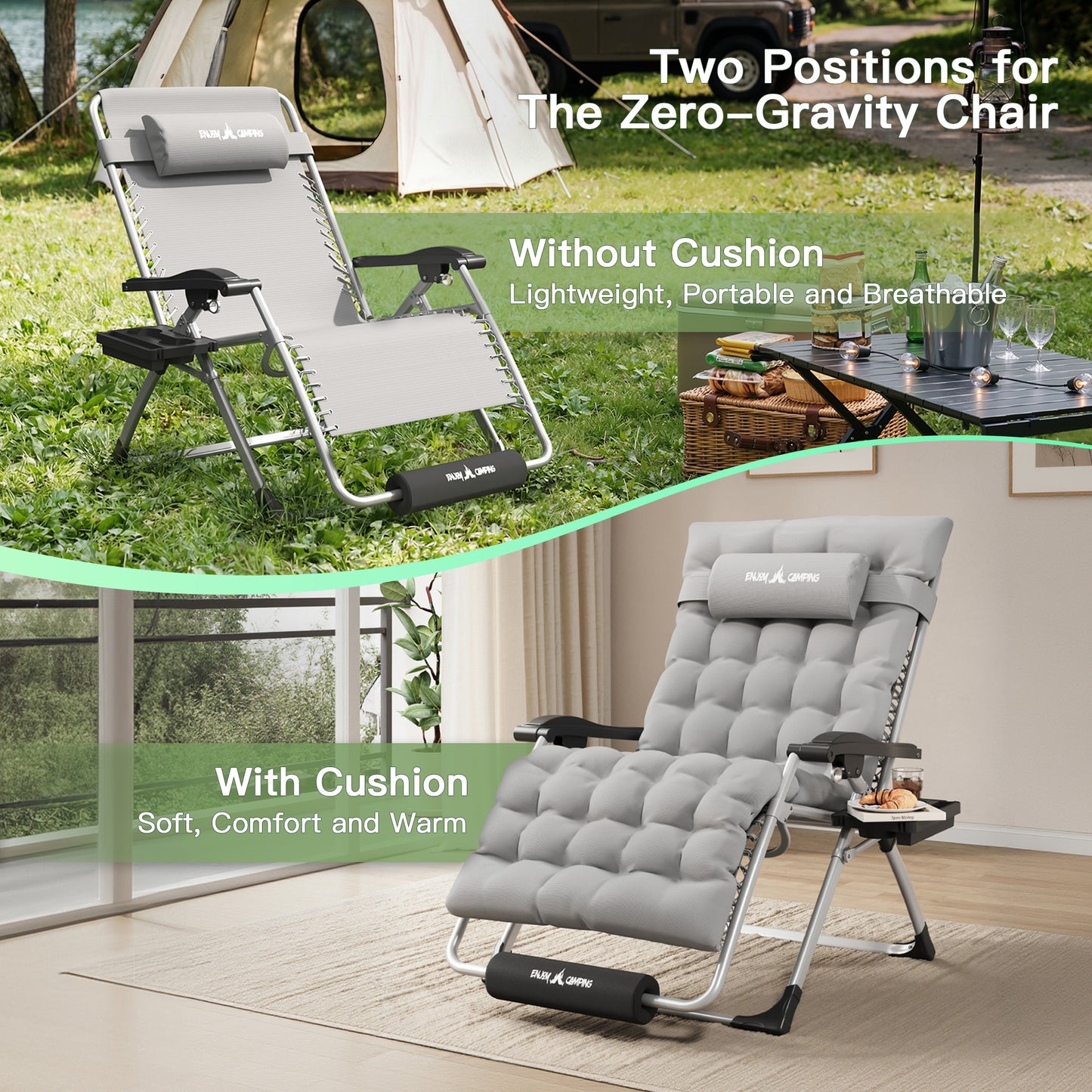 Amopatio Oversized Zero Gravity Chair Set of 2, 33in Reclining Camping Lounge Chair Upgraded Lock and Footrest, Cup Holder, Removable Cushion & Headrest Folding Patio Recliner for Indoor Outdoor