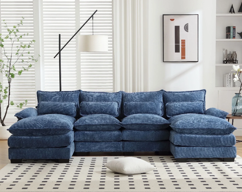 Gelloan 110.63" U Shaped Couch, 4 Seat Sectional with 4 Throw Pillows, High Dense Memory Foam with Double Chaise Lounge &Living Room Couch,Blue Grey