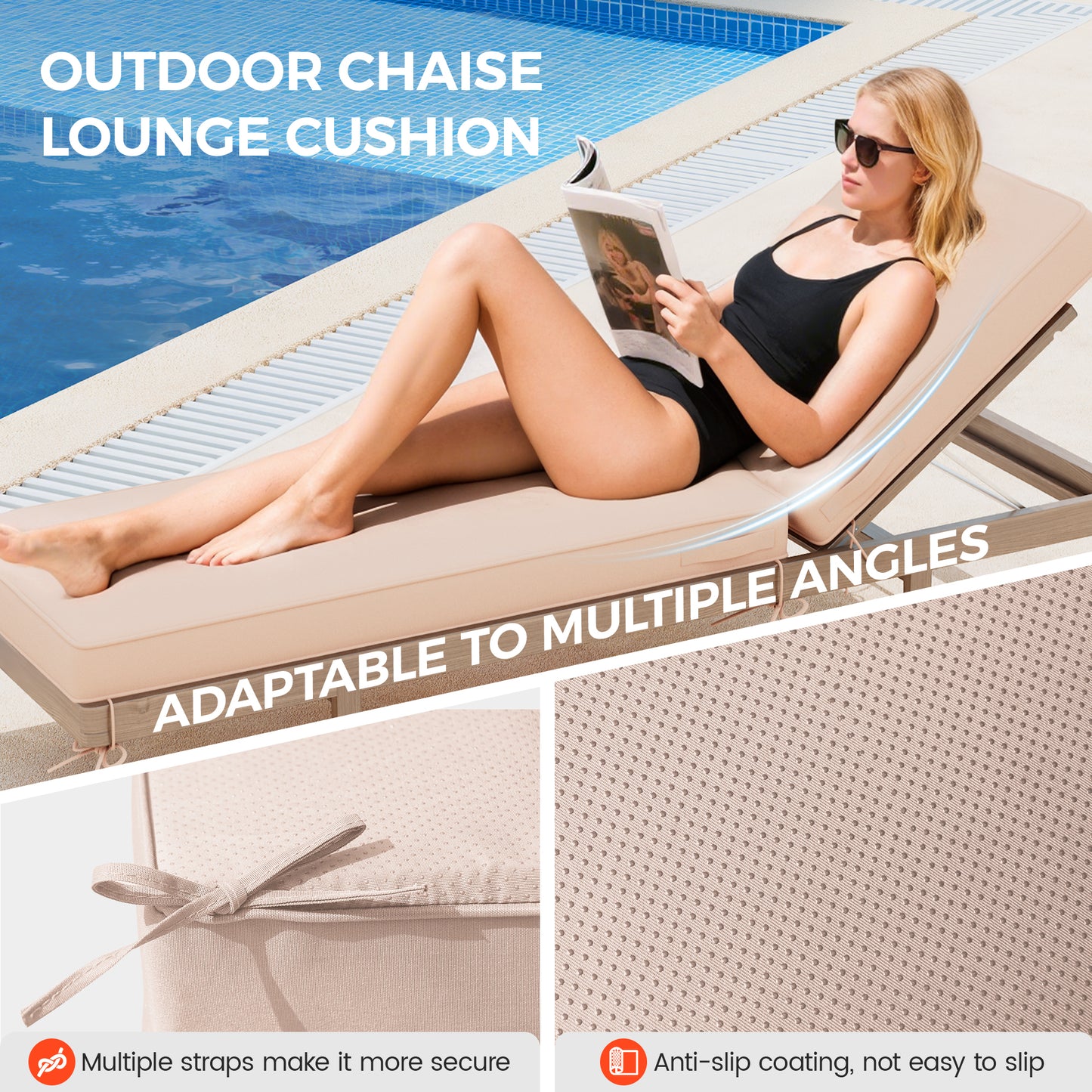 AmopatioOutdoor Chaise Lounge Cushions, Patio Furniture Cushions Non-Slip with Waterproof and Fade Resistant Cover, Removable Pool Lounge Chair Cushion for Poolside,Deck,Backyard,71.6x21x4 Inch,Khaki