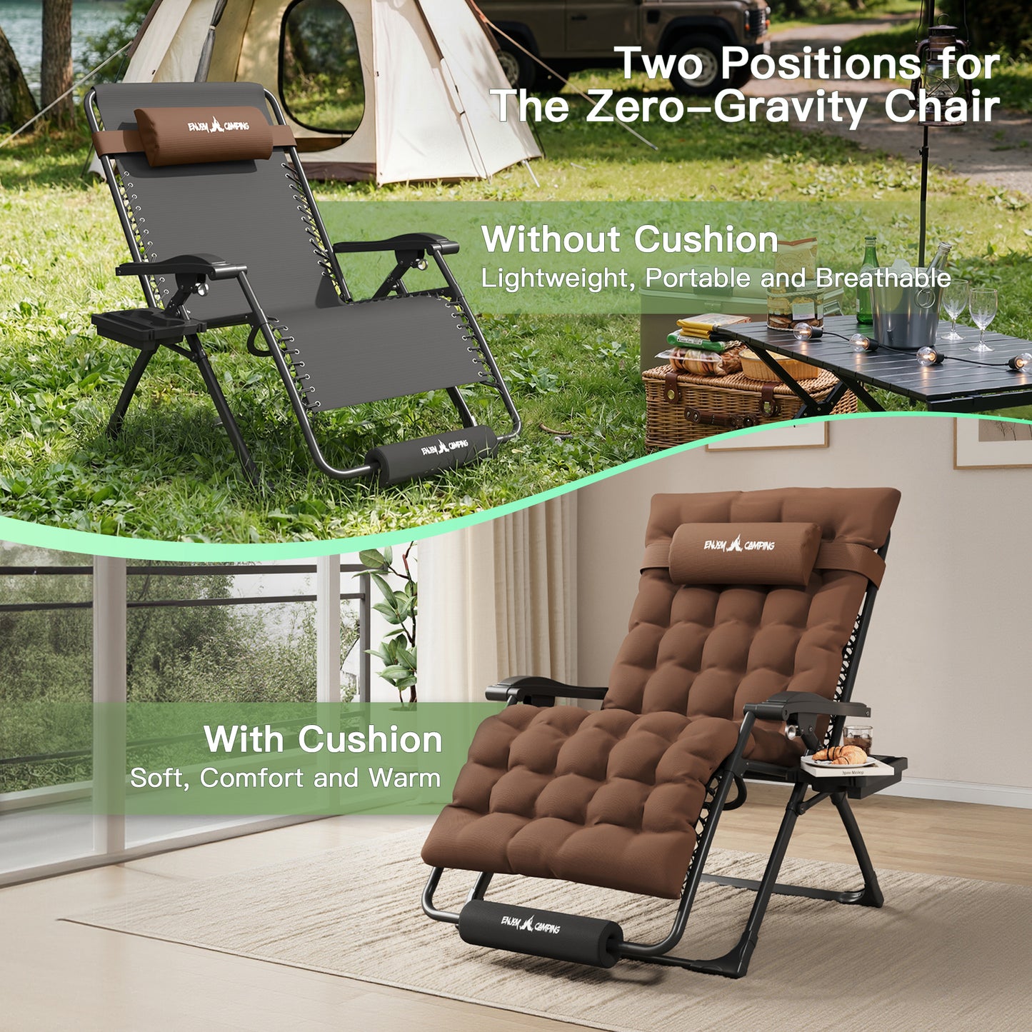 Amopatio Oversized Zero Gravity Chair Set of 2, 33''W Reclining Camping Lounge Chair Upgraded Lock and Footrest, Cup Holder, Removable Cushion & Headrest Folding Patio Recliner for Relexing