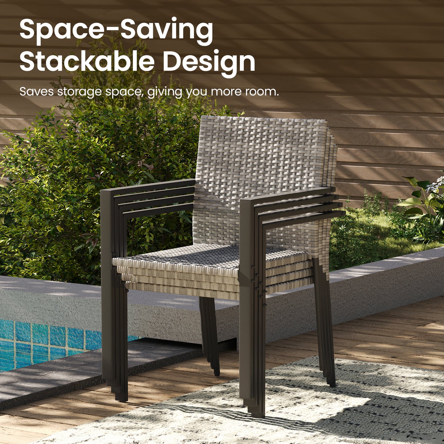 Amopatio Stackable Wicker Chairs, Patio Dining Chairs Set of 4, All-Weather Breathable Outdoor Dining Chair, Steel Frame, Armchair w/Armrests, for Garden, Porch, Deck, Poolside, Fire Pit, Gray