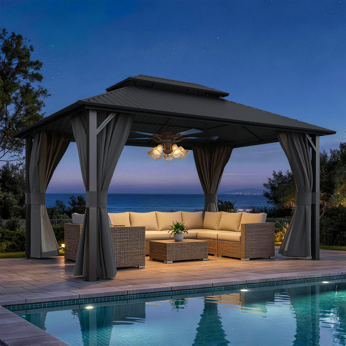 Amopatio 12x16FT Hardtop Gazebo, Metal Galvanized Steel Double Roof