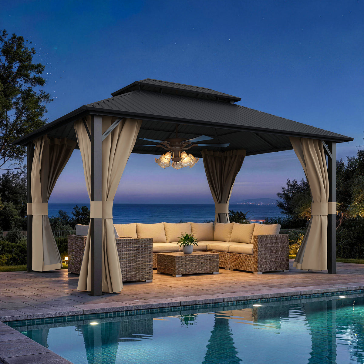 Amopatio 12x16FT Hardtop Gazebo, Metal Galvanized Steel Double Roof