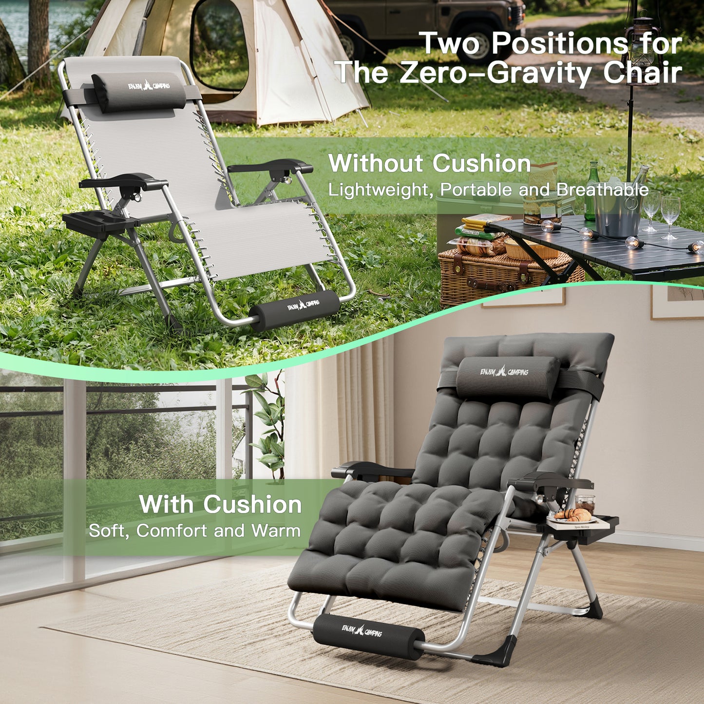 Amopatio Oversized Zero Gravity Chair Set of 2, Reclining Camping Lounge Chair Upgraded Lock and Footrest, Cup Holder, Removable Cushion & Headrest Folding Patio Recliner for Indoor Outdoor