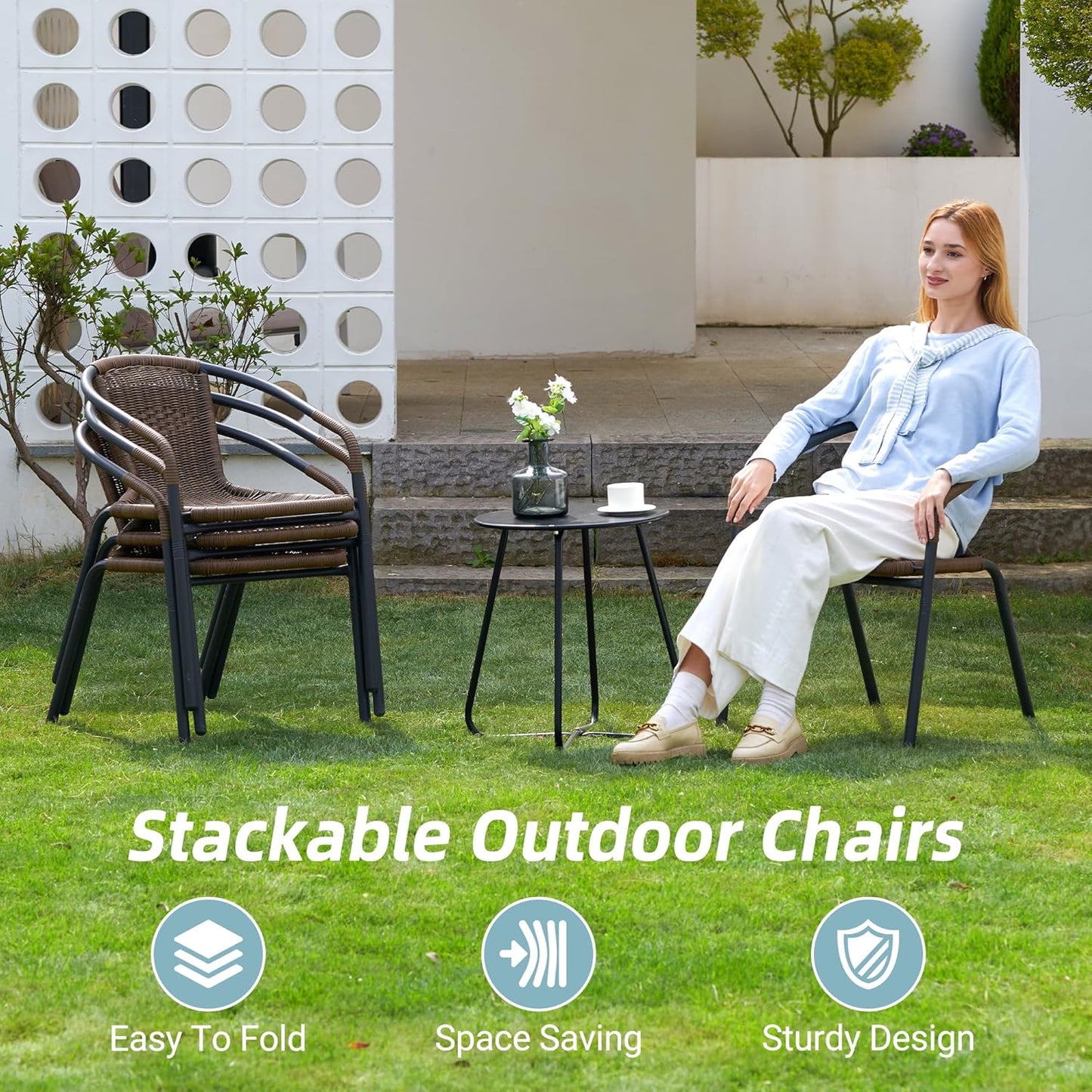 Amopatio Outdoor Dining Chairs Set of 4, Stackable Outdoor Patio Chairs, Rattan Wicker Patio Chairs Set of 4, for Porch, Deck, Garden, Poolside, Yard, Bistro, Restaurant, Brown