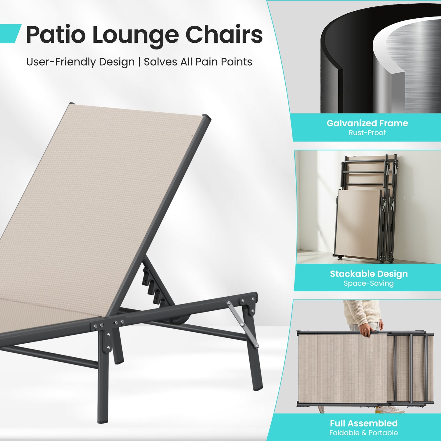 Foldable Patio Lounge Chairs 3 Piece Set, 2 Portable Pool Chaise Lounges with Square Side Table, Heavy Duty Iron Frame, Weather Resistant, 5-Position Adjustable Backrest, 400 LBS Capacity,Khaki
