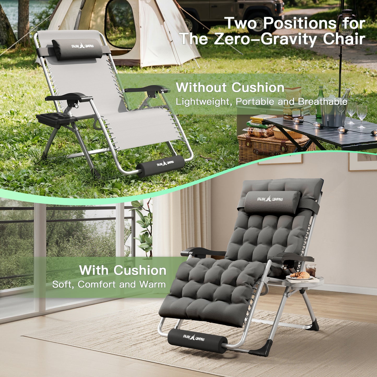 Amopatio Oversized Zero Gravity Chair Set of 2, Reclining Camping Lounge Chair Upgraded Lock and Footrest, Cup Holder, Removable Cushion & Headrest Folding Patio Recliner for Indoor Outdoor