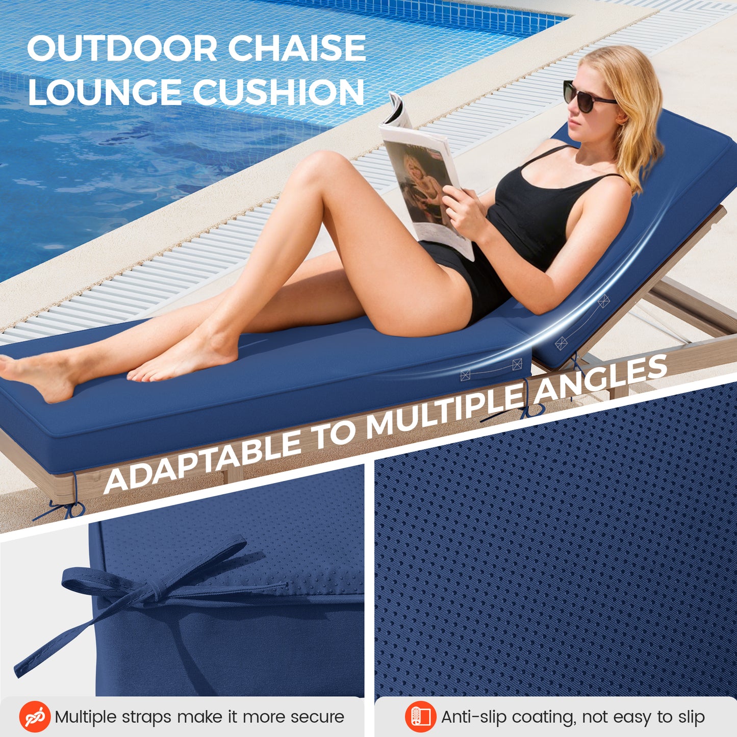 Amopatio 2 Pack Outdoor Chaise Lounge Cushions, Patio Furniture Cushions Non-Slip with Waterproof and Fade Resistant Cover, Removable Pool Lounge Chair Cushion for Poolside,Deck,Backyard,71.6x21x4 Inch,Blue