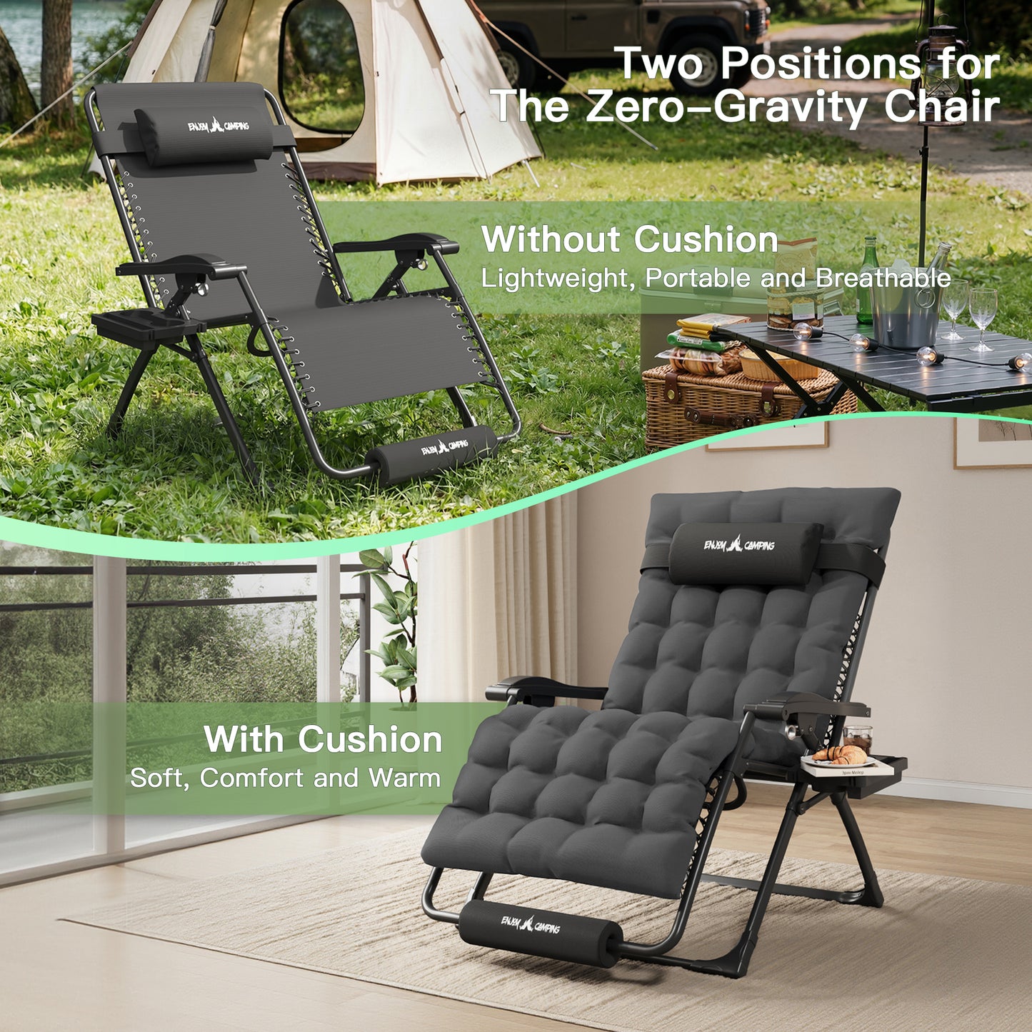 Amopatio Oversized Zero Gravity Chair Set of 2, 33in Reclining Camping Lounge Chair Upgraded Lock and Footrest, Folding Patio Recliner with Cup Holder, Removable Cushion & Headrest