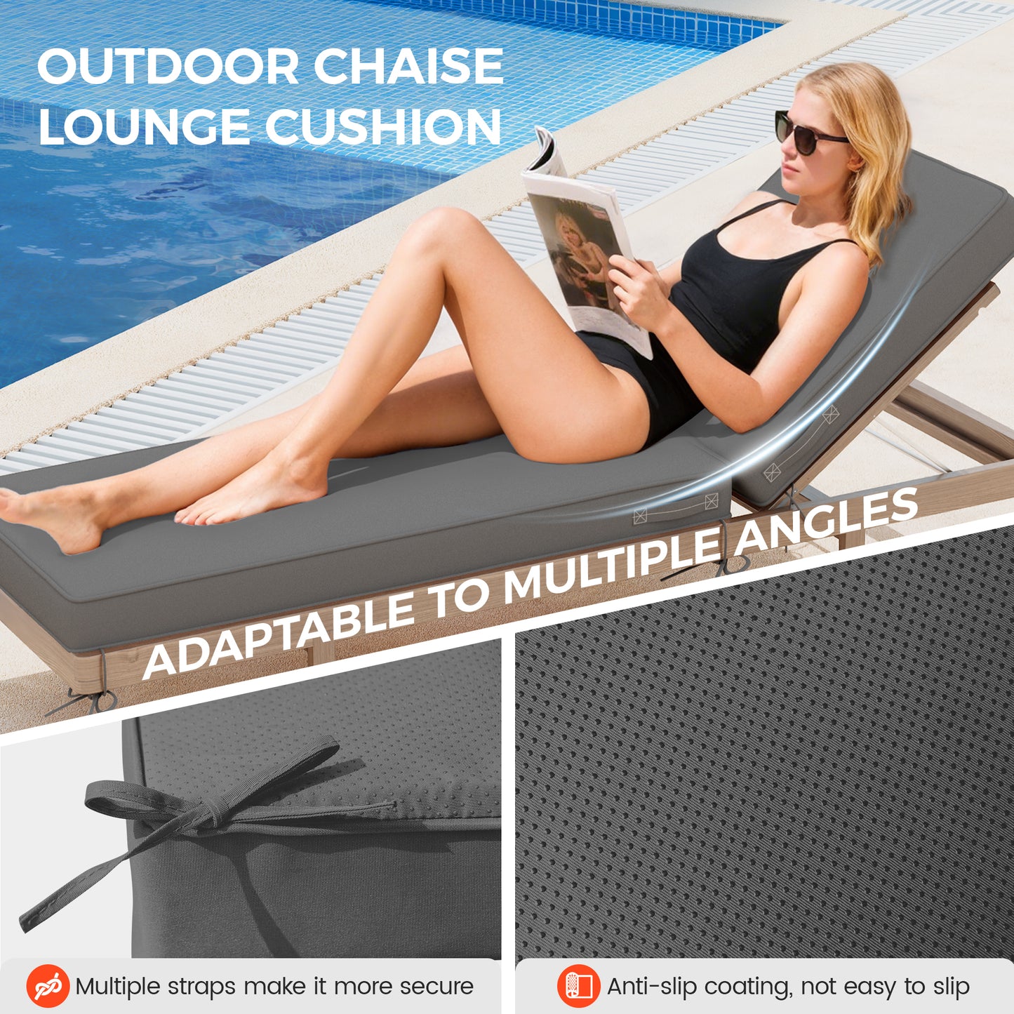 AmopatioOutdoor Chaise Lounge Cushions, Patio Furniture Cushions Non-Slip with Waterproof and Fade Resistant Cover, Removable Pool Lounge Chair Cushion for Poolside,Deck,Backyard,71.6x21x4 Inch,Gray