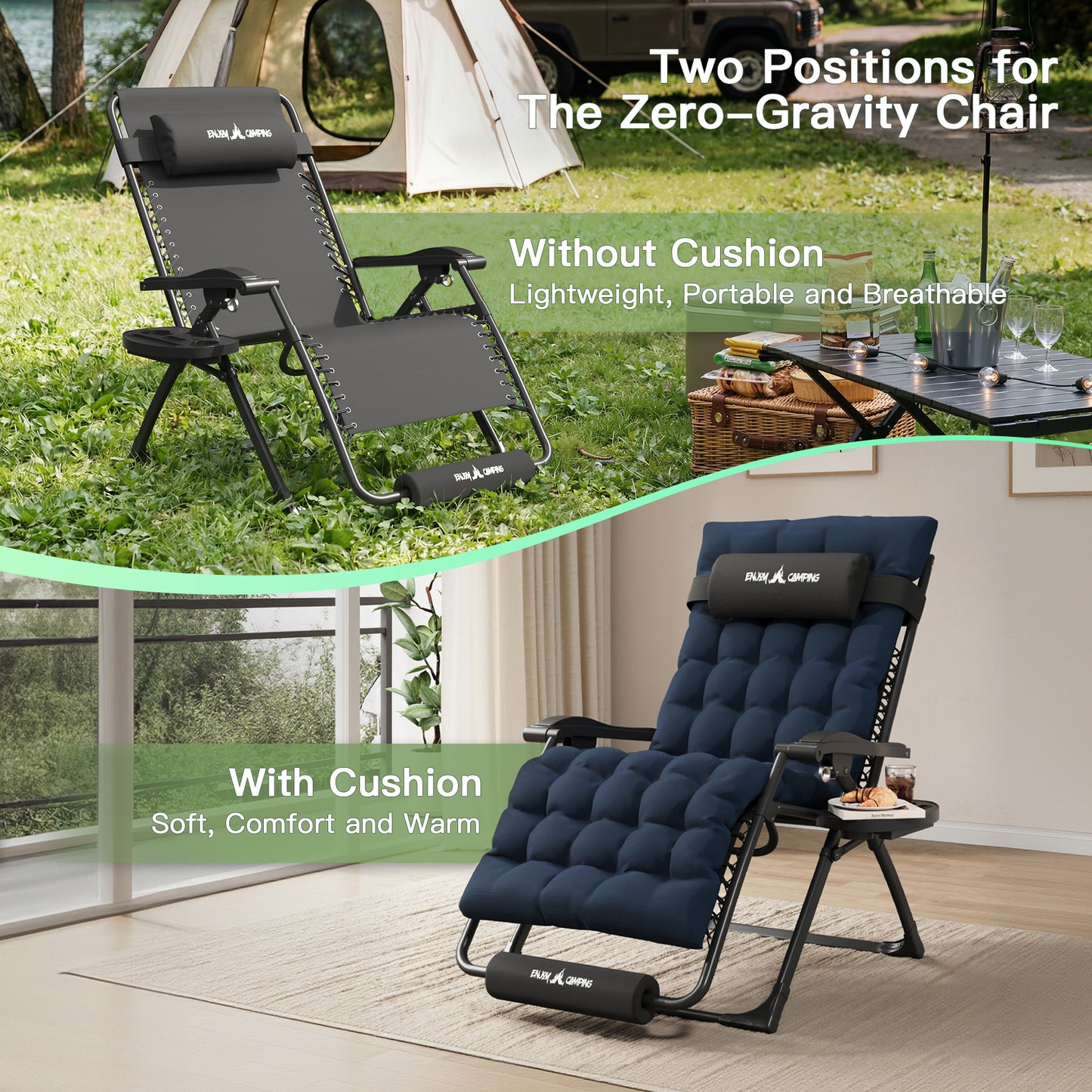 Amopatio Oversized Zero Gravity Chairs Set of 2, 29''W Reclining Camping Lounge Chair Upgraded Lock and Footrest, Cup Holder, Removable Cushion & Headrest Folding Patio Recliner for Relexing
