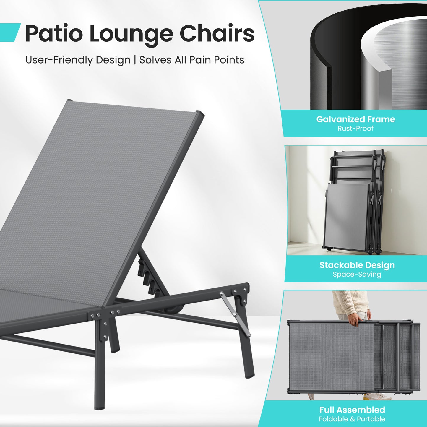 Foldable Patio Lounge Chairs 3 Piece Set, 2 Portable Pool Chaise Lounges with Square Side Table, Heavy Duty Iron Frame, Weather Resistant, 5-Position Adjustable Backrest, 400 LBS Capacity,Gray