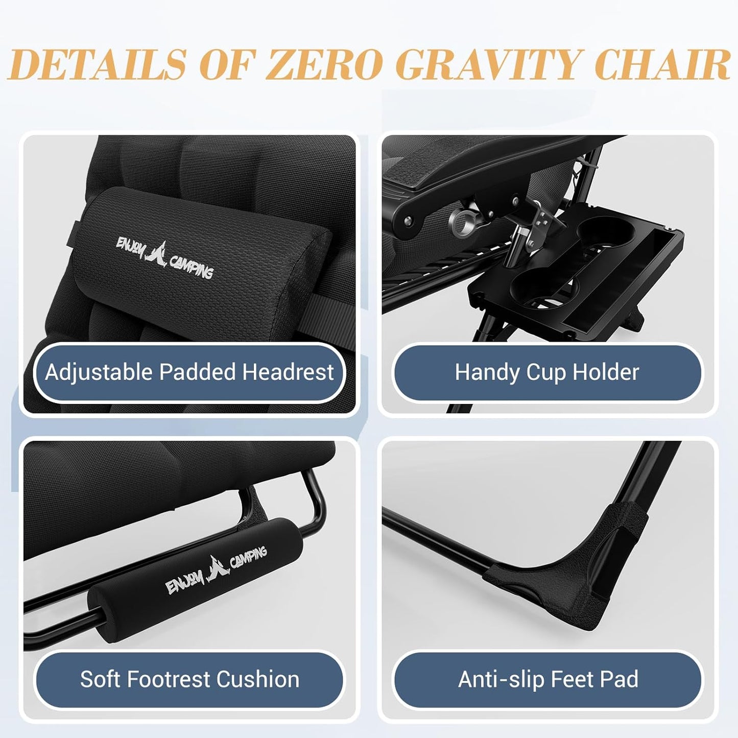 Amopatio Oversized Zero Gravity Chair with Cushion, XL Folding Outdoor Lounge Reclining Patio Chair with Tray/Footrest/Headrest for Camping Sunbathing Relaxing