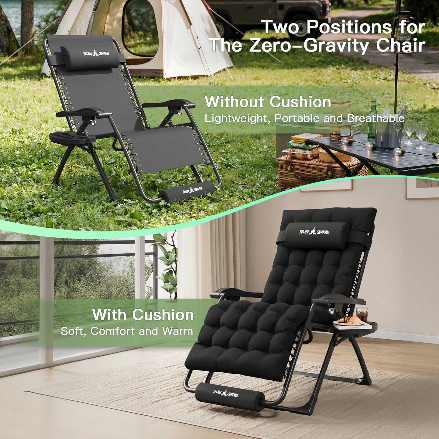 Amopatio Oversized Zero Gravity Chair Set of 2, 29''W Reclining Camping Lounge Chair Upgraded Lock and Footrest, Cup Holder, Removable Cushion & Headrest Folding Patio Recliner for Indoor Outdoor