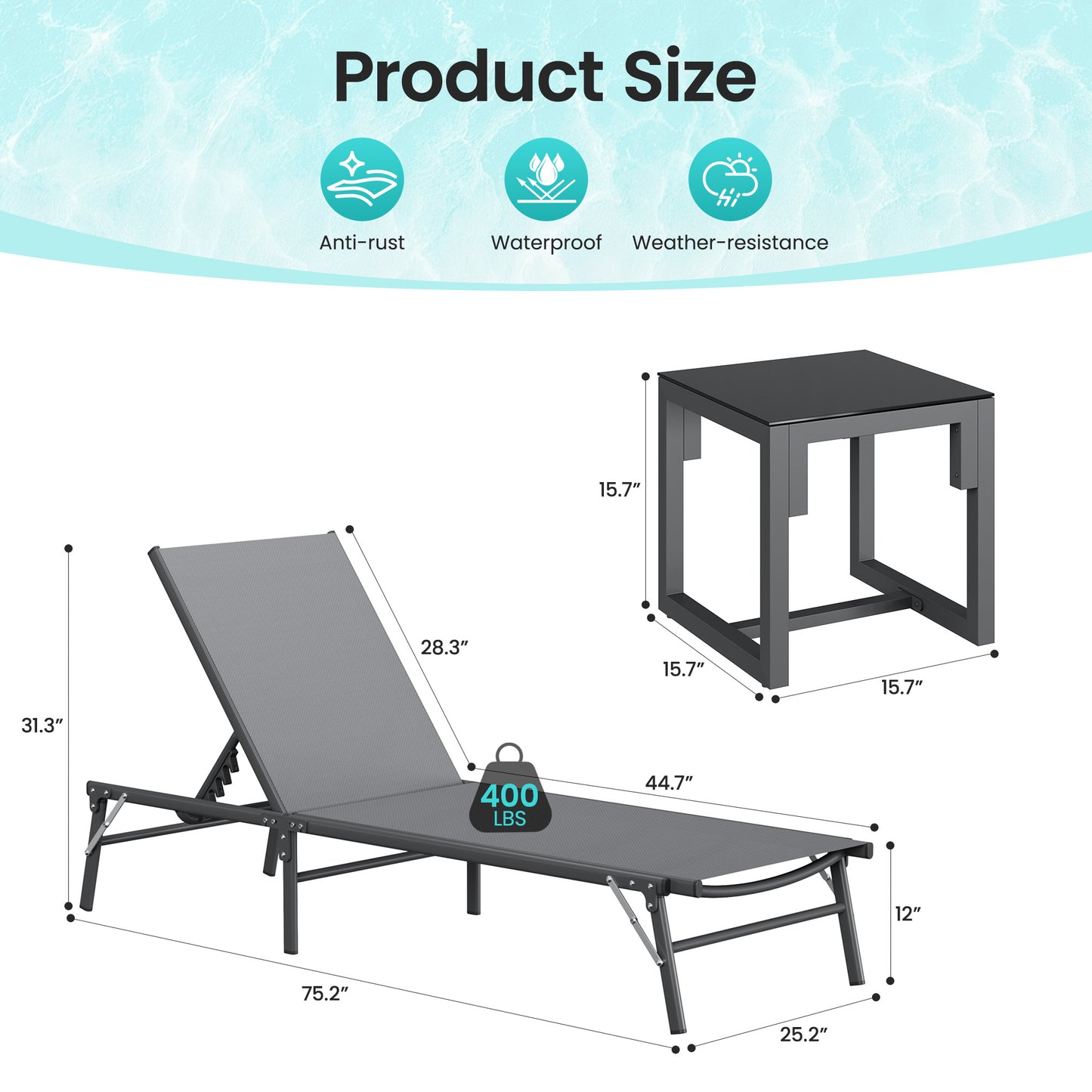 Foldable Patio Lounge Chairs 3 Piece Set, 2 Portable Pool Chaise Lounges with Square Side Table, Heavy Duty Iron Frame, Weather Resistant, 5-Position Adjustable Backrest, 400 LBS Capacity,Gray