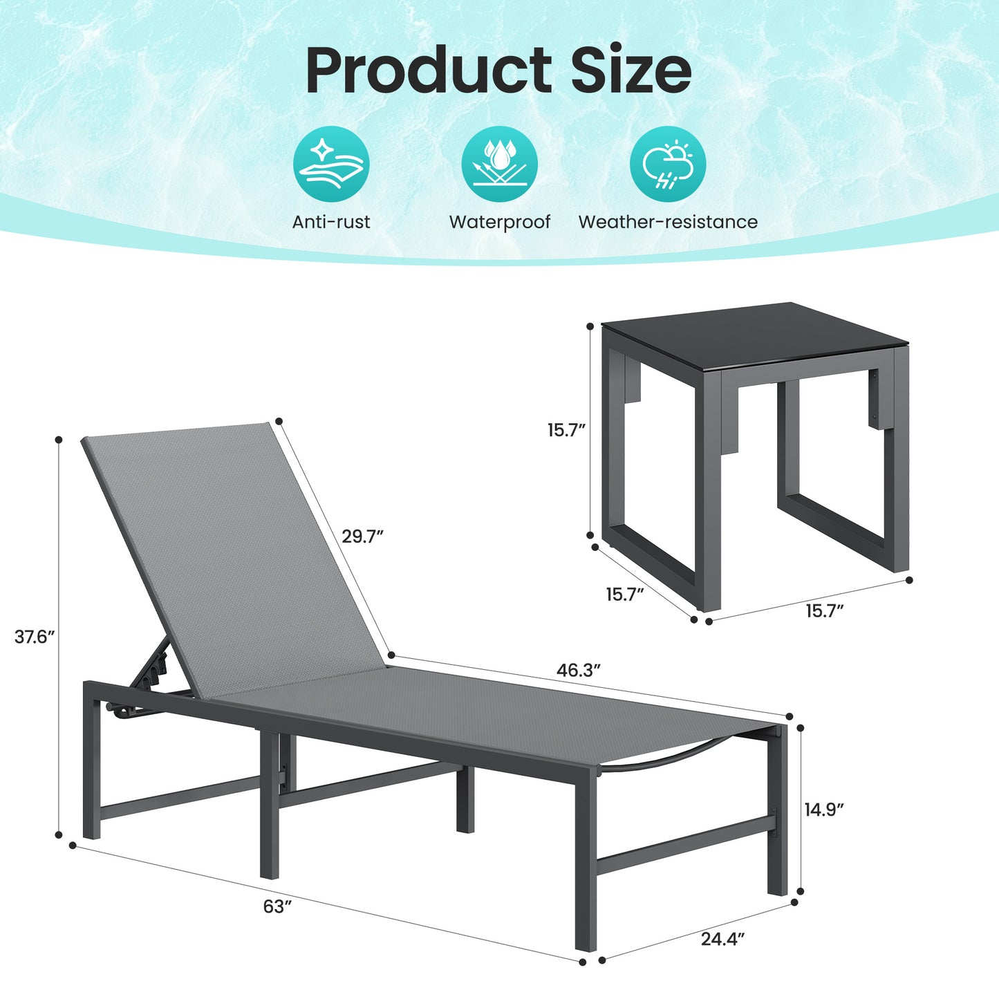 3 Piece Patio Lounge Chair Set, Adjustable Outdoor Chaise Lounge with Heavy-Duty Steel Frame, Weather Resistant Pool Lounge Furniture Set with Side Table for Backyard Beach, 400 LBS Capacity(Gray)