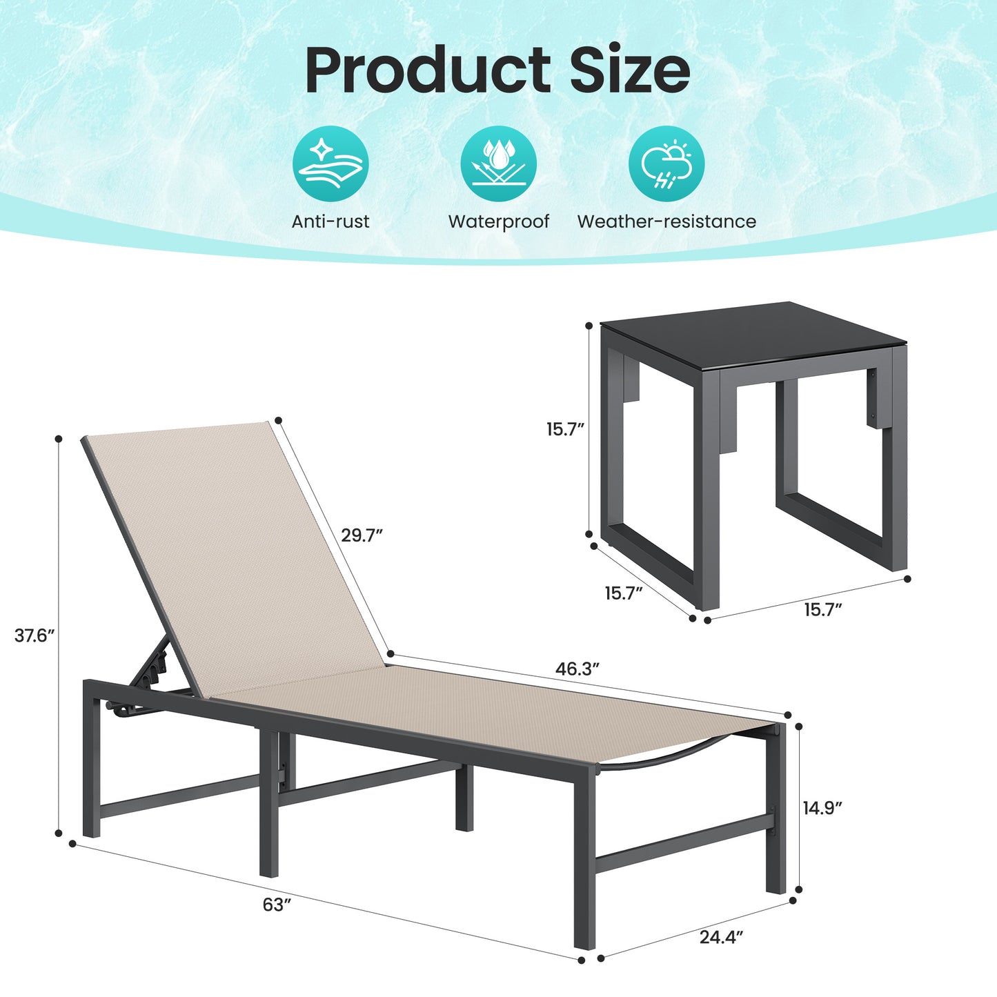 3 Piece Patio Lounge Chair Set, Adjustable Outdoor Chaise Lounge with Heavy-Duty Steel Frame, Weather Resistant Pool Lounge Furniture Set with Side Table for Backyard Beach, 400 LBS Capacity(Khaki)