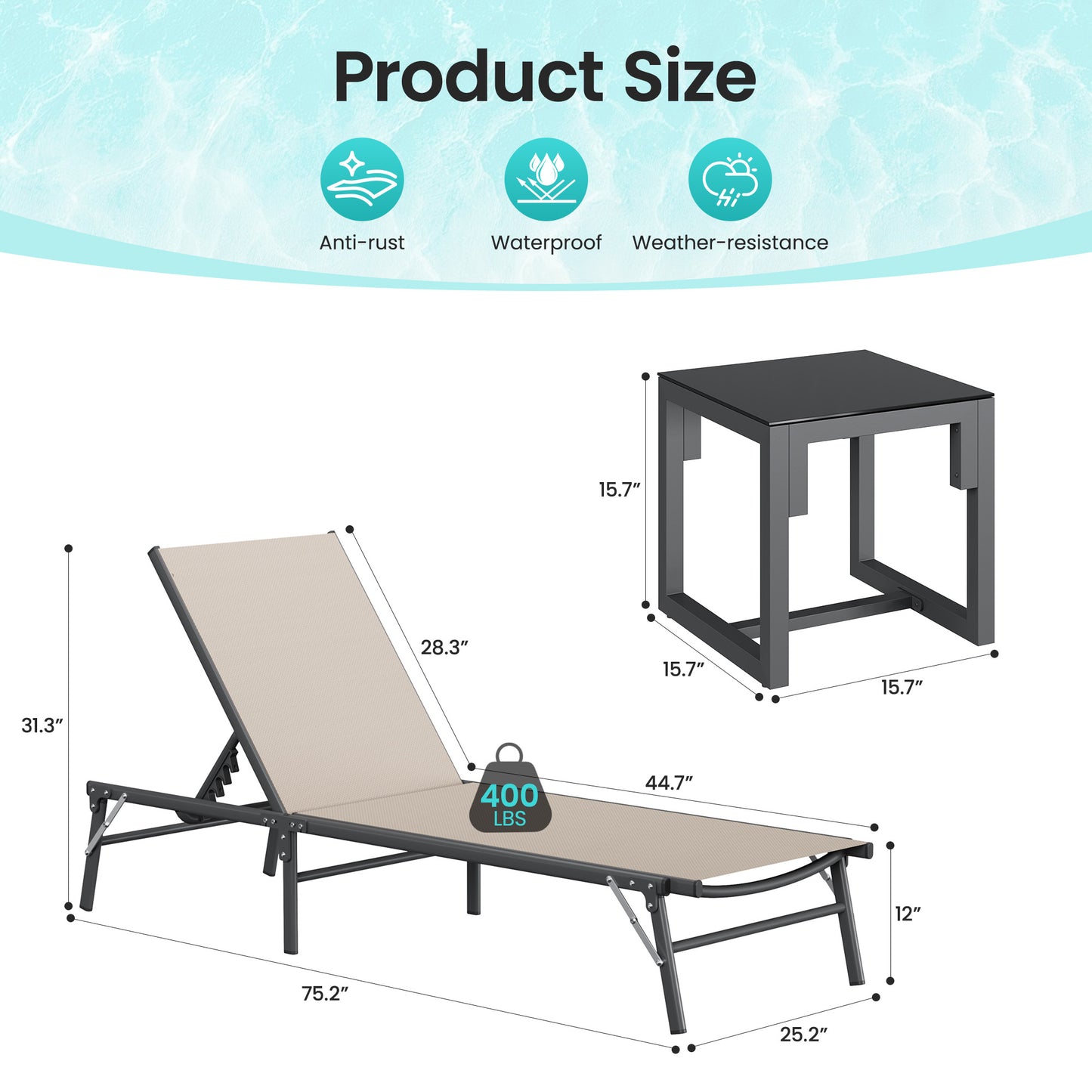 Foldable Patio Lounge Chairs 3 Piece Set, 2 Portable Pool Chaise Lounges with Square Side Table, Heavy Duty Iron Frame, Weather Resistant, 5-Position Adjustable Backrest, 400 LBS Capacity,Khaki