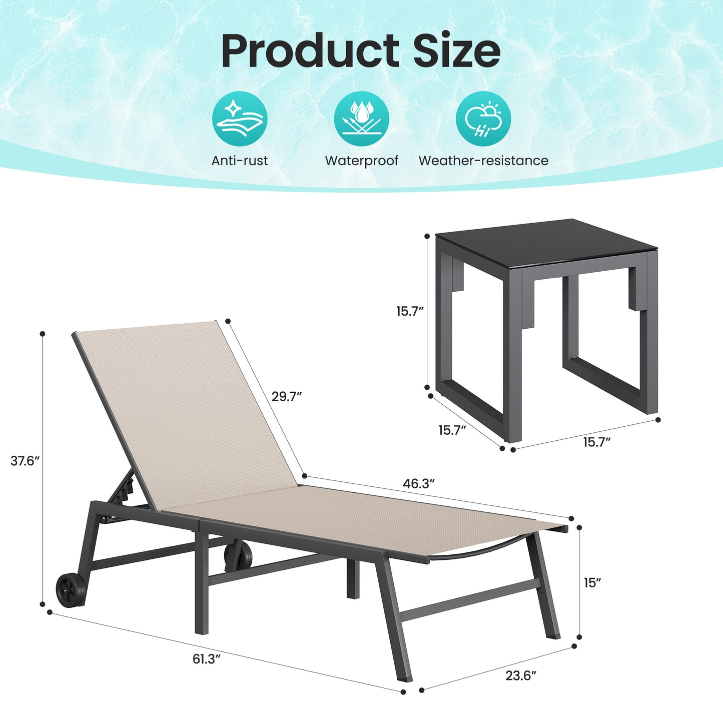 3 Piece Patio Lounge Chairs Set, 2 Pool Chaise Lounges with Wheels & Side Table, 5-Position Adjustable Lounge Furniture with Heavy-Duty Steel Frame for Backyard Poolside,400 LBS Capacity, Khaki