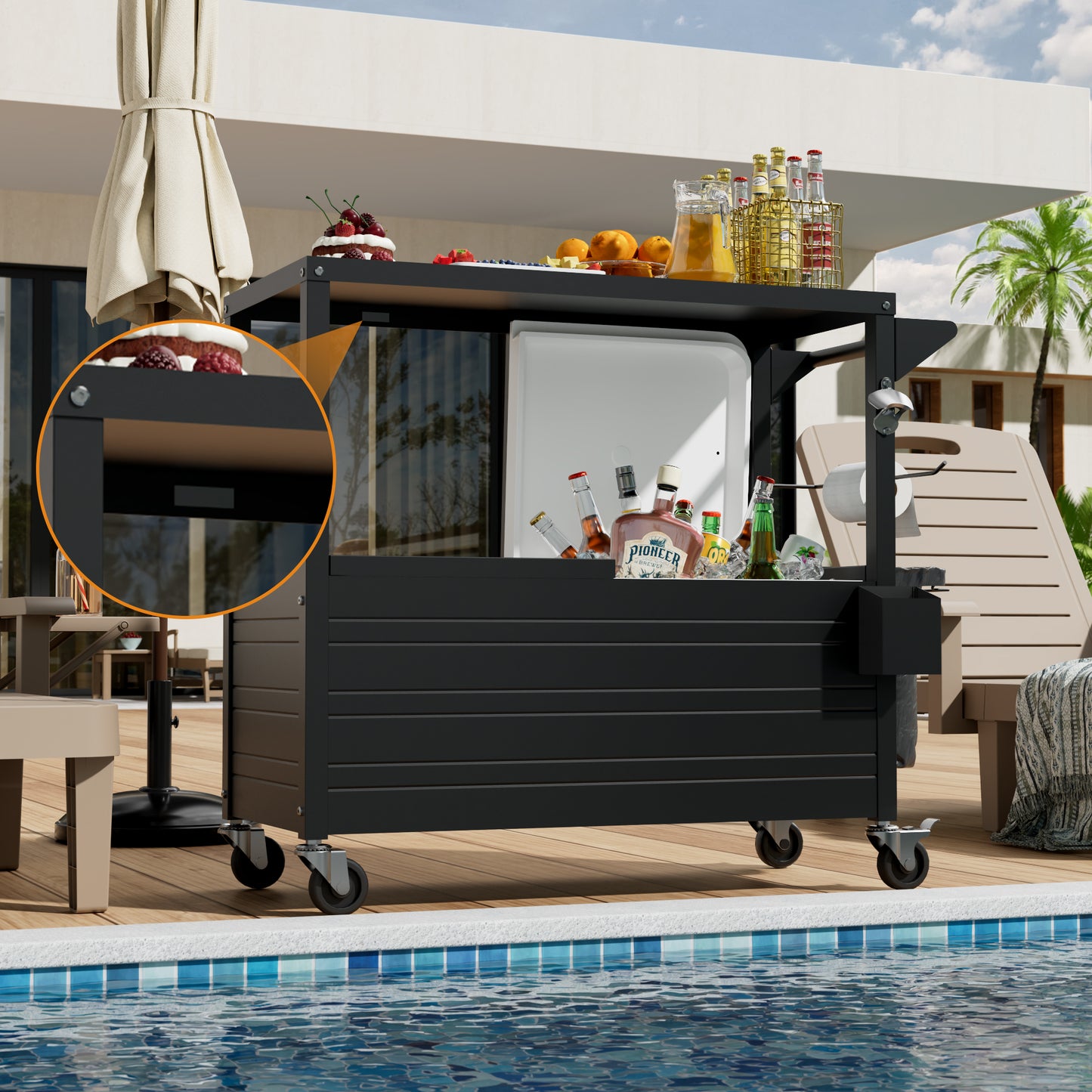80QT Rolling Ice Chest with Tabletop, Insulated Cooler Cart with Wheels, Outdoor Kitchen Prep Station & Drink Cooler for Patio, BBQ, Camping, Black
