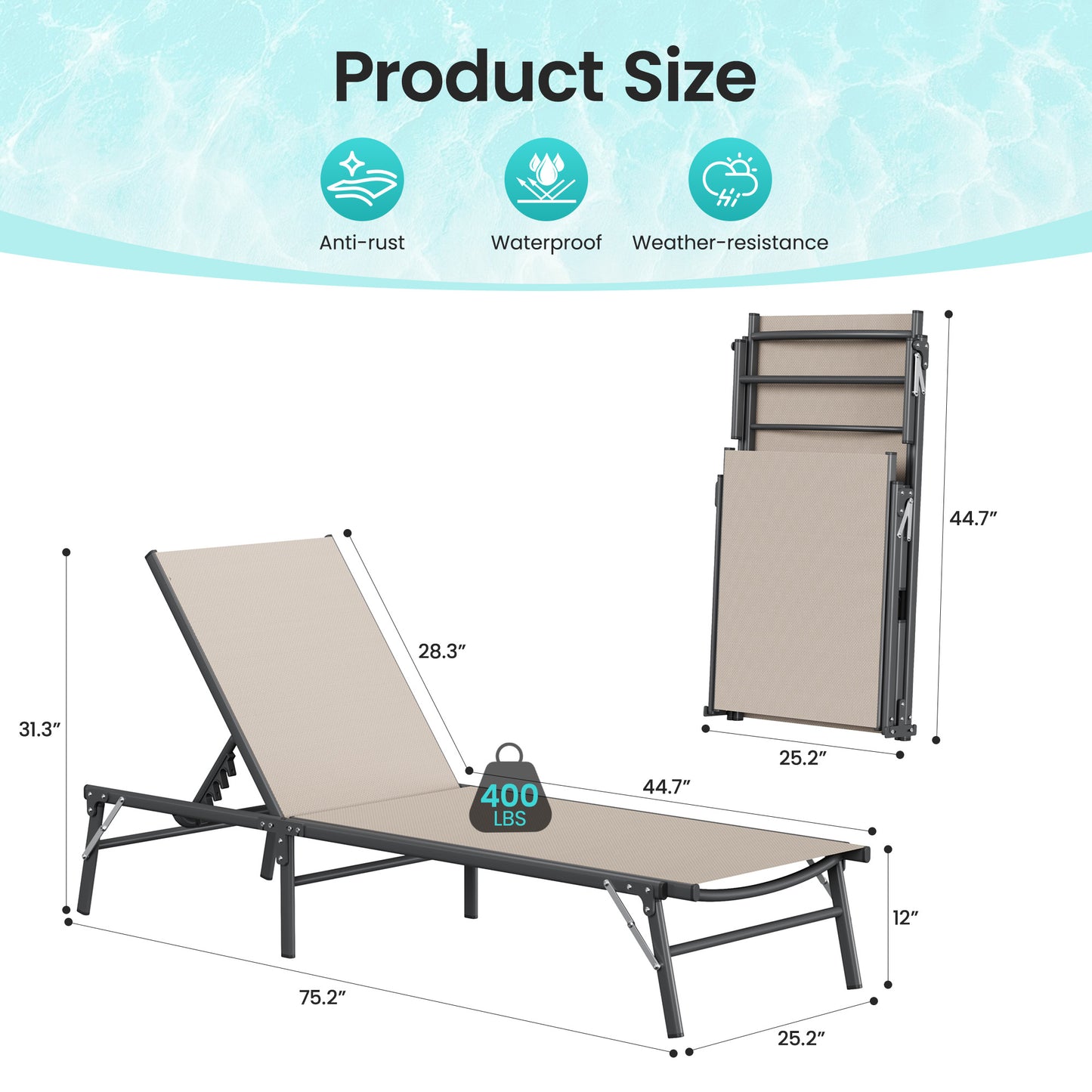 Foldable Patio Lounge Chairs 3 Piece Set, 2 Portable Pool Chaise Lounges with Square Side Table, Heavy Duty Iron Frame, Weather Resistant, 5-Position Adjustable Backrest, 400 LBS Capacity,Khaki