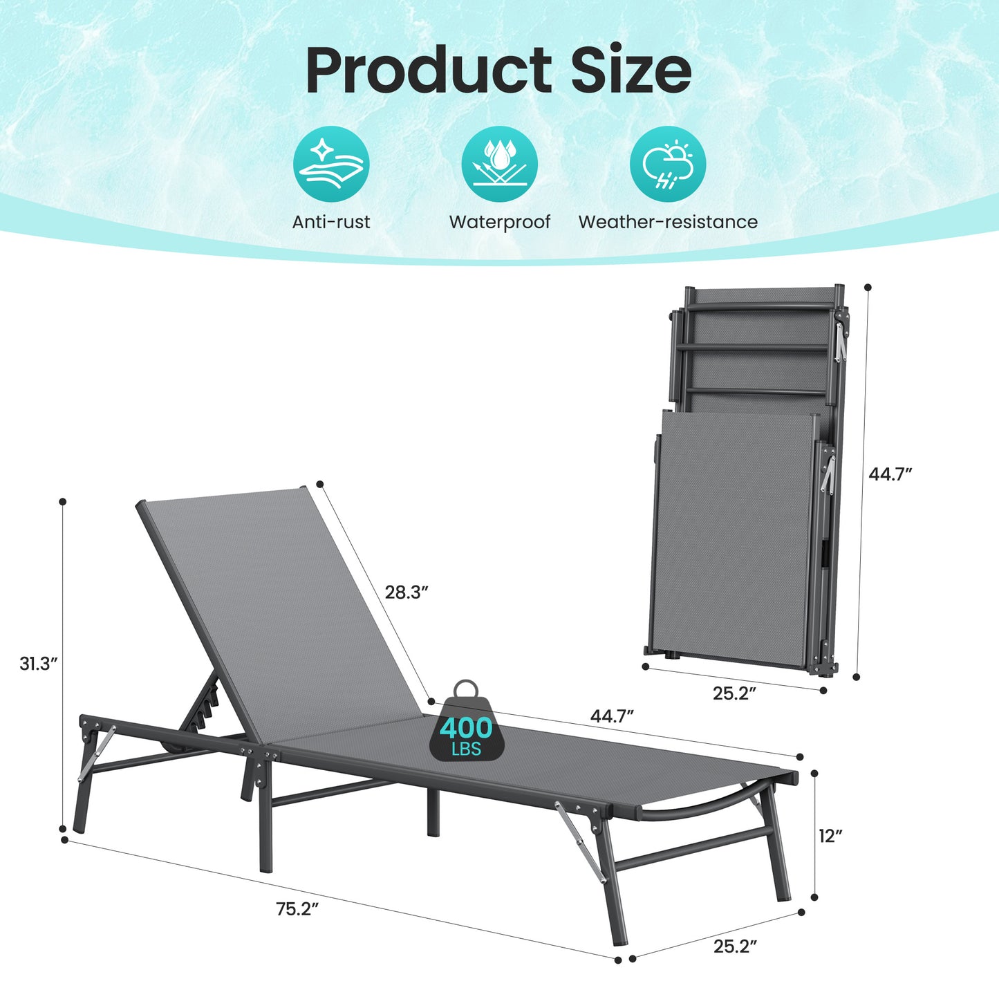 Foldable Patio Lounge Chairs 3 Piece Set, 2 Portable Pool Chaise Lounges with Square Side Table, Heavy Duty Iron Frame, Weather Resistant, 5-Position Adjustable Backrest, 400 LBS Capacity,Gray