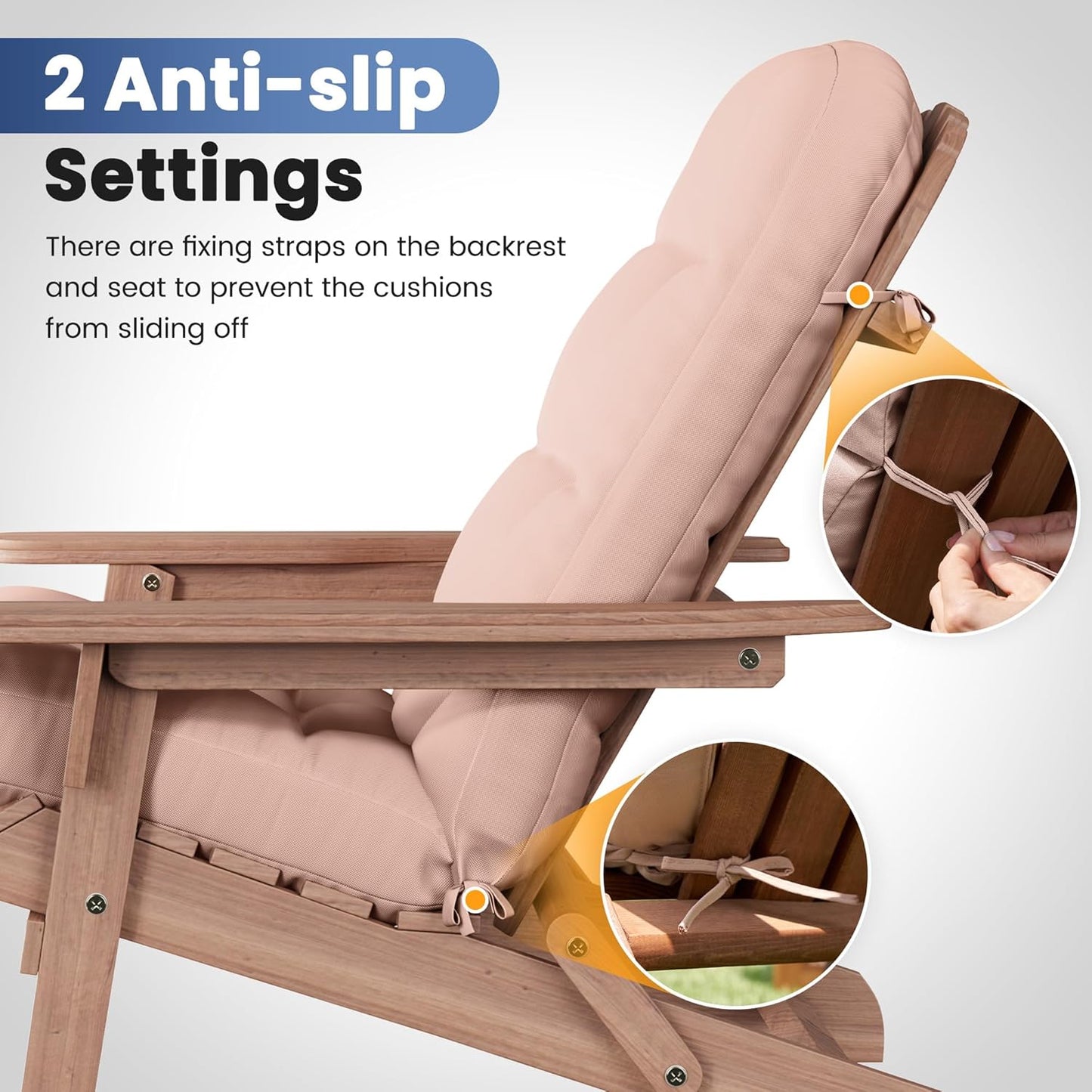 Amopatio Adirondack Chair Cushions 4" Thick Set [2-Pack] - Outdoor Cushions for Patio Furniture, Contoured Design with Anti-Slip Straps & Water-Resistant Fabric for Adirondack Chairs, Khaki