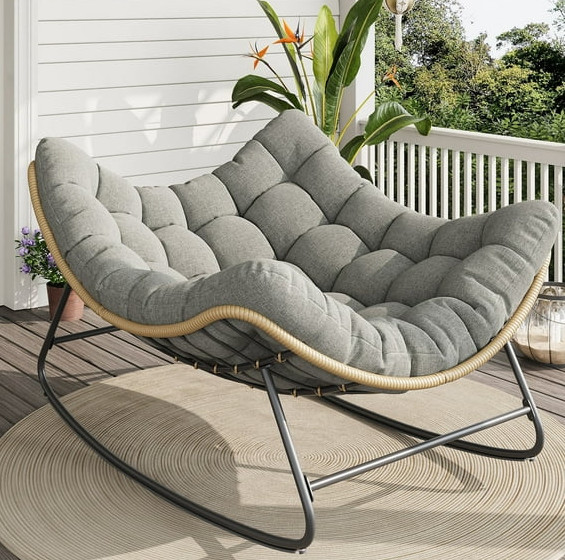 ELPOSUN Papasan Rocking Chair,Oversized Rattan Papasan Rocking Chair with Thick Cushion, Rattan Wicker Rocker Lounge Chair for Bedroom, Living Room, Patio, Garden, Porch, Light Gray