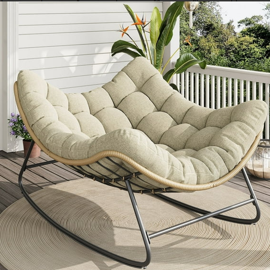 ELPOSUN Papasan Rocking Chair,Oversized Rattan Papasan Rocking Chair with Thick Cushion, Rattan Wicker Rocker Lounge Chair for Bedroom, Living Room, Patio, Garden, Porch, Beige