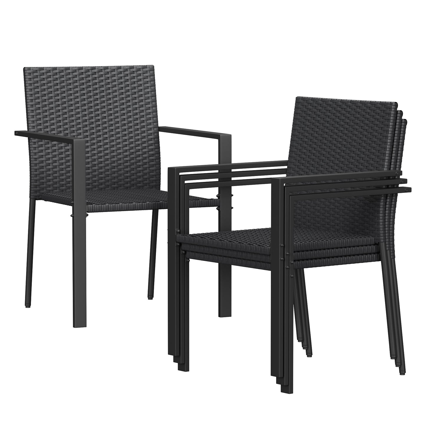 Amopatio Stackable Wicker Chairs, Patio Dining Chairs Set of 4, All-Weather Breathable Outdoor Dining Chair, Steel Frame, Armchair w/Armrests, for Garden, Porch, Deck, Poolside, Fire Pit, Black