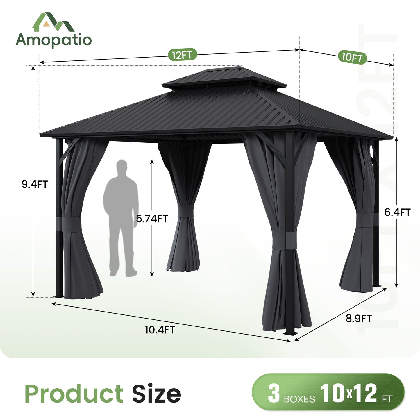 Amopatio 10x12FT Hardtop Gazebo, Metal Galvanized Steel Double Roof, Grey