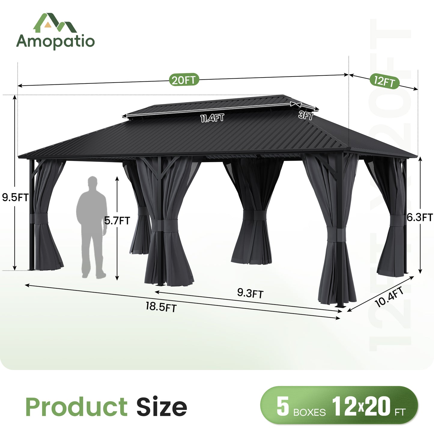 Amopatio 12x20FT Hardtop Gazebo, Metal Galvanized Steel Double Roof, Grey