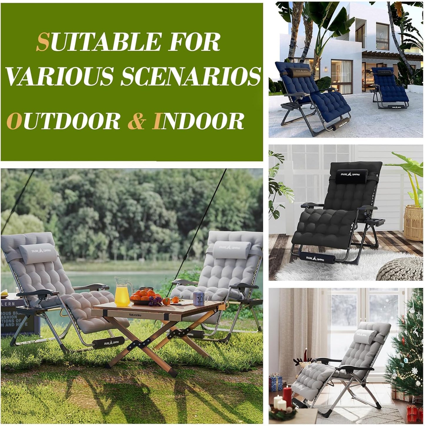 Amopatio Oversized Zero Gravity Chair with Cushion for Indoor & Outdoor, XXL 33Inch Patio Folding Reclining Lounge Chair with Tray/Footrest/Headrest